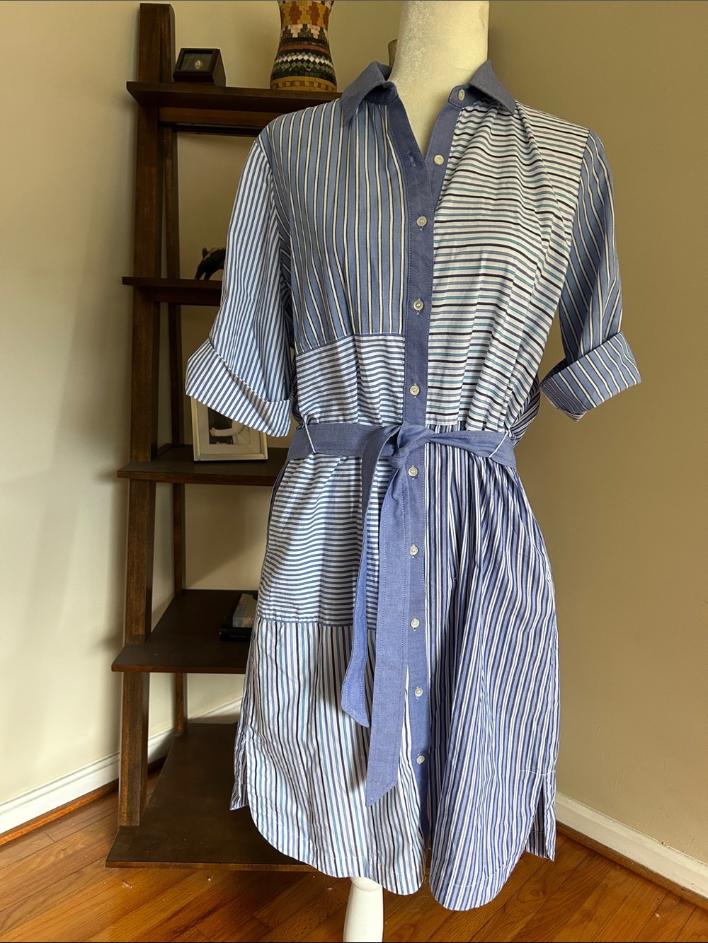 Blue Striped Midi Shirt Dress with Tie Waist
